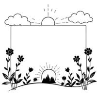 Field of Flowers and Sunrise Border Frame with Copy Space concept as A border frame featuring a field of flowers and a sunrise on opposite ends with ample copy space in the middle Cleans vector