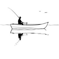 Fisherman on a Glossy Lake during Golden Hour concept as A fisherman in a small boat on a glossy lake during golden hour with the sky reflecting on the water The scene is serene a Cleans vector