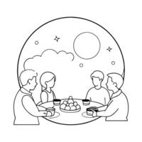 Flat Abstract Mid Autumn Family Gathering concept as A warm glowing abstract scene of a family gathering around a table sharing mooncakes under a digital representation of the full Cleans vector
