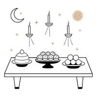 Flat Abstract Mid Autumn Festival Feast concept as A digital art scene of a glowing abstract feast with symbolic Mid Autumn foods like mooncakes and fruits set on a luminous table Cleans vector