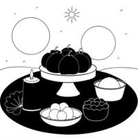Flat Abstract Mid Autumn Festival Feast concept as A digital art scene of a glowing abstract feast with symbolic Mid Autumn foods like mooncakes and fruits set on a luminous table Cleans Set 2 vector