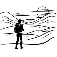 Flat Backpacker on Glossy Desert Dunes at Twilight concept as A backpacker trekking across glossy desert dunes at twilight with the soft light of the setting sun reflecting on the Cleans Set 2 vector