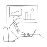 Flat Business analyst working on a glossy dashboard concept as A business analyst is seated at a modern desk interacting with a large glossy dashboard projected on a screen The sc Cleans vector