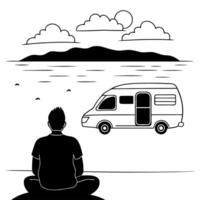 Flat Camper Sitting by Glossy Riverbank at Dawn concept as A camper sitting by a glossy riverbank watching the dawn break over the water with light reflecting off the surface The Cleans vector