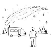 Flat Camper Watching Glossy Aurora Borealis concept as A camper standing in awe as they watch the glossy Aurora Borealis illuminate the night sky The scene is magical and surreal Cleans vector