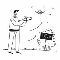 Flat Candid shot of a drone operator flying a drone in an outdoor setting concept as A candid photo of a drone operator flying a drone in an open field focusing on the remote contr Cleans vector