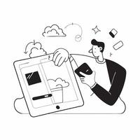 Flat Candid shot of an entrepreneur developing a startup on a digital tablet concept as A candid image of an entrepreneur deeply engaged in developing a startup plan on a digital t Cleans vector