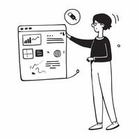 Flat Candid shot of a data analyst presenting insights on a digital dashboard concept as A candid image of a data analyst presenting data insights on a digital dashboard during a m Cleans vector