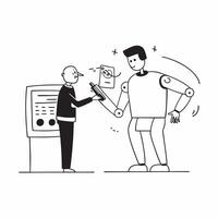 Flat Candid shot of a robotics engineer programming a humanoid robot concept as A candid photo of a robotics engineer programming a humanoid robot in a high tech lab The image cap Cleans vector