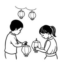 Flat Children Making Lanterns at a Mid Autumn Festival Workshop concept as A candid shot of children making lanterns at a workshop during the Mid Autumn Festival with focused expre Cleans vector
