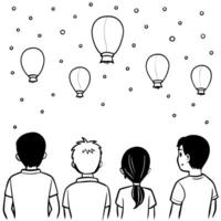 Flat Children Watching Lanterns in the Sky concept as A candid capture of children watching glowing lanterns float into the night sky during the Mid Autumn Festival with wide eyed Cleans vector