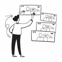 Flat Data scientist candidly analyzing big data with interactive software concept as A candid photo of a data scientist using interactive software to analyze big data on multiple m Cleans vector