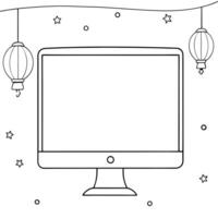 Flat Desktop on Holographic Background with Lanterns concept as A desktop computer with a white screen placed on a holographic background with floating lanterns around representing Cleans vector