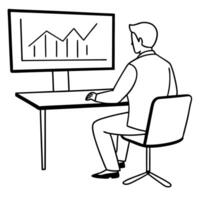 Flat Executive reviewing glossy performance metrics concept as An executive is seated at a large desk reviewing glossy performance metrics displayed on a sleek modern screen The b Cleans vector