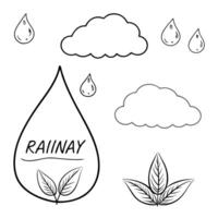 Flat Falling Raindrop and Leaf with Rainy Day Text concept as A raindrop and leaf floating together as if falling with Rainy Day text subtly included at the bottom The elements ar Cleans Set 2 vector