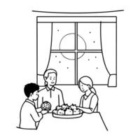 Flat Family Sharing Mooncakes During Mid Autumn Festival concept as A candid shot of a family sharing mooncakes in a warm and cozy setting with natural light streaming through a wi Cleans vector