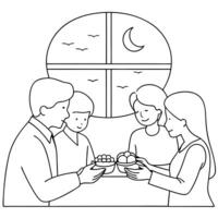 Flat Family Sharing Mooncakes During Mid Autumn Festival concept as A candid shot of a family sharing mooncakes in a warm and cozy setting with natural light streaming through a wi Cleans Set 2 vector