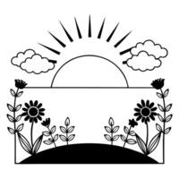 Flat Field of Flowers and Sunrise Border Frame with Copy Space concept as A border frame featuring a field of flowers and a sunrise on opposite ends with ample copy space in the mi Cleans Set 2 vector