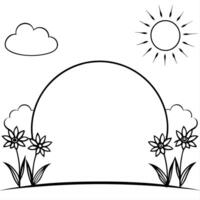 Flat Field of Flowers and Sunrise Border Frame with Copy Space concept as A border frame featuring a field of flowers and a sunrise on opposite ends with ample copy space in the mi Cleans vector