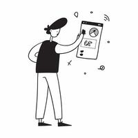 Flat Financial officer checking stock prices on a mobile device while walking concept as A candid shot of a financial officer checking stock prices on a mobile device while walking Cleans vector