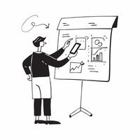 Flat Financial officer reviewing charts and graphs on a whiteboard concept as A candid moment where a financial officer is reviewing charts and graphs on a whiteboard during a stra Cleans vector