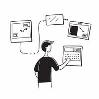 Flat Financial officer reviewing market data on multiple screens in a trading room concept as A candid image of a financial officer intensely reviewing market data on multiple scre Cleans vector