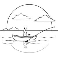 Flat Fisherman on a Glossy Lake during Golden Hour concept as A fisherman in a small boat on a glossy lake during golden hour with the sky reflecting on the water The scene is ser Cleans Set 2 vector