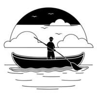 Flat Fisherman on a Glossy Lake during Golden Hour concept as A fisherman in a small boat on a glossy lake during golden hour with the sky reflecting on the water The scene is ser Cleans vector