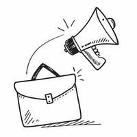 Flat Floating briefcase and megaphone with Marketing Strategy text concept as A dynamic illustration featuring a floating briefcase and megaphone with the text Marketing Str Cleans vector