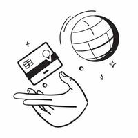 Flat Floating credit card and globe with Global Transactions text concept as A sleek illustration featuring a floating credit card and globe with the text Global Transaction Cleans vector