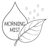 Flat Floating Leaf and Dew Drop with Morning Mist Text concept as A single leaf and dew drop appearing to float in mid air with Morning Mist text subtly included at the bottom The Cleans vector