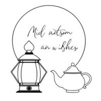 Flat Floating Lantern and Teapot with Mid Autumn Wishes Text concept as A floating lantern and teapot with Mid Autumn Wishes text isolated on a white background The design emphasi Cleans vector