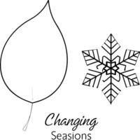 Flat Floating Leaf and Snowflake with Changing Seasons Text concept as A leaf and snowflake floating together in mid air with Changing Seasons text subtly included at the bottom T Cleans vector