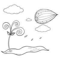 Flat Floating Seed with Abstract Wind Swirl and Copy Space concept as A seed floats in mid air with an abstract wind swirl gently moving around it symbolizing the beginning of a na Cleans vector