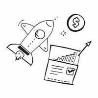 Flat Flying rocket and graph with the word Strategy concept as A design showing a rocket and a graph floating in mid air with the word Strategy prominently displayed The el Cleans vector