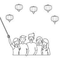 Flat Friends Taking a Selfie with Lanterns at Mid Autumn Festival concept as A candid shot of friends taking a selfie together with glowing lanterns in the background during the Mi Cleans Set 2 vector