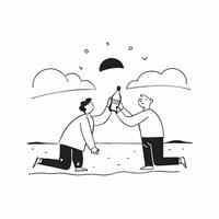 Flat Friends sharing a bottle of wine during a sunset picnic on the beach concept as A candid shot capturing friends sharing a bottle of wine during a sunset picnic on the beach T Cleans vector