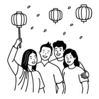Flat Friends Taking a Selfie with Lanterns at Mid Autumn Festival concept as A candid shot of friends taking a selfie together with glowing lanterns in the background during the Mi Cleans vector