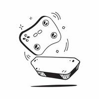 Flat Gaming Console with Holographic Controllers concept as Vertical shot of a gaming console standing upright on a white background with glowing holographic controllers floating a Cleans vector