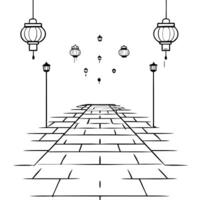 Flat Glossy Alley with Lanterns and Reflections for Mid Autumn Festival concept as A glossy alleyway adorned with lanterns creating a reflective and intimate Mid Autumn Festival ba Cleans Set 2 vector