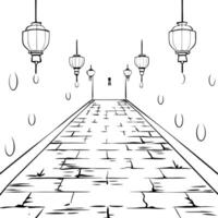 Flat Glossy Alley with Lanterns and Reflections for Mid Autumn Festival concept as A glossy alleyway adorned with lanterns creating a reflective and intimate Mid Autumn Festival ba Cleans vector