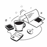 Flat Glossy coffee cup with a marketing officers desk setup in the background concept as A high angle shot of a glossy coffee cup placed on a polished desk with a marketing officer Cleans vector