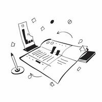 Flat Glossy conference table with financial charts and documents spread out concept as A wide angle shot of a glossy conference table with financial charts and documents spread out Cleans vector