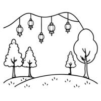 Flat Glossy Forest Clearing with Lanterns for Mid Autumn Festival concept as A glossy forest clearing background illuminated by lanterns creating a mystical and reflective setting Cleans vector