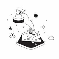 Flat Glossy factory and smokestack with holographic pollution levels and carbon output data concept as A high angle shot of a glossy factory with a smokestack accompanied by floati Cleans Set 4 vector
