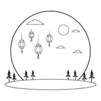 Flat Glossy Full Moon with Silhouettes for Mid Autumn Festival concept as A glossy background featuring the full moon with silhouettes of trees and lanterns creating a mystical and Cleans Set 2 vector