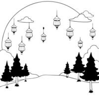 Flat Glossy Forest Clearing with Lanterns for Mid Autumn Festival concept as A glossy forest clearing background illuminated by lanterns creating a mystical and reflective setting Cleans Set 2 vector