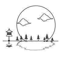 Flat Glossy Full Moon with Silhouettes for Mid Autumn Festival concept as A glossy background featuring the full moon with silhouettes of trees and lanterns creating a mystical and Cleans vector