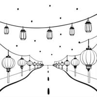 Flat Glossy Lantern Festival Street Background concept as A glossy reflective street background filled with glowing lanterns hanging above creating a vibrant and festive atmosphere Cleans vector