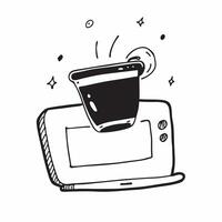 Flat Glossy laptop with holographic coffee cup floating above isolated with copy space concept as A glossy laptop sits open on a white surface with a holographic coffee cup icon fl Cleans vector